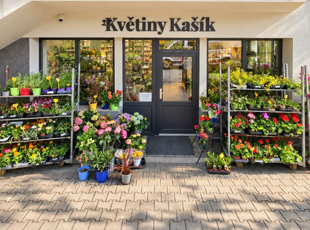 Vchod do prodejny Květiny Kašík na Husově ulici s květinami před výlohou